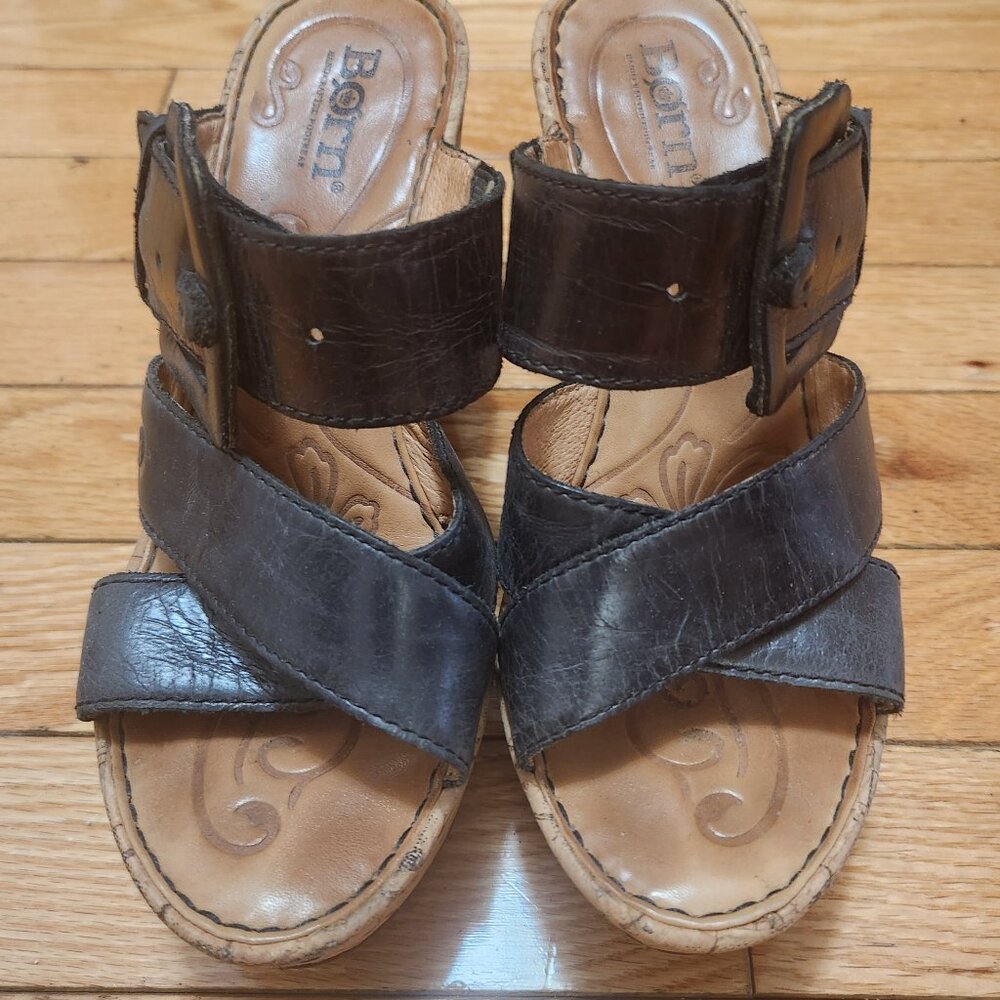 Born Black Leather Wedge Sandals